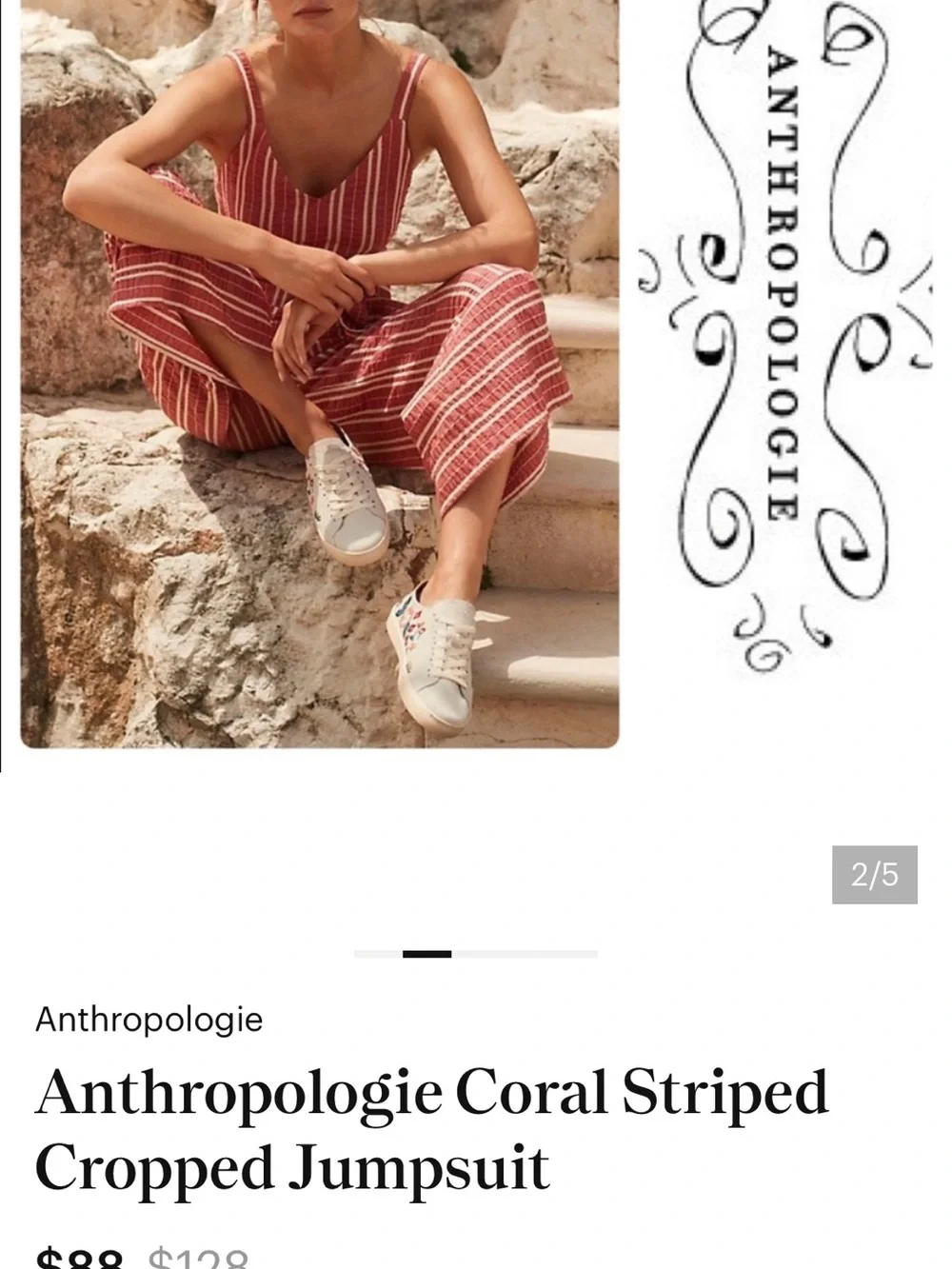 Anthropologie Coral-Striped Sleeveless Cropped Jumpsuit - Picture 2 of 2